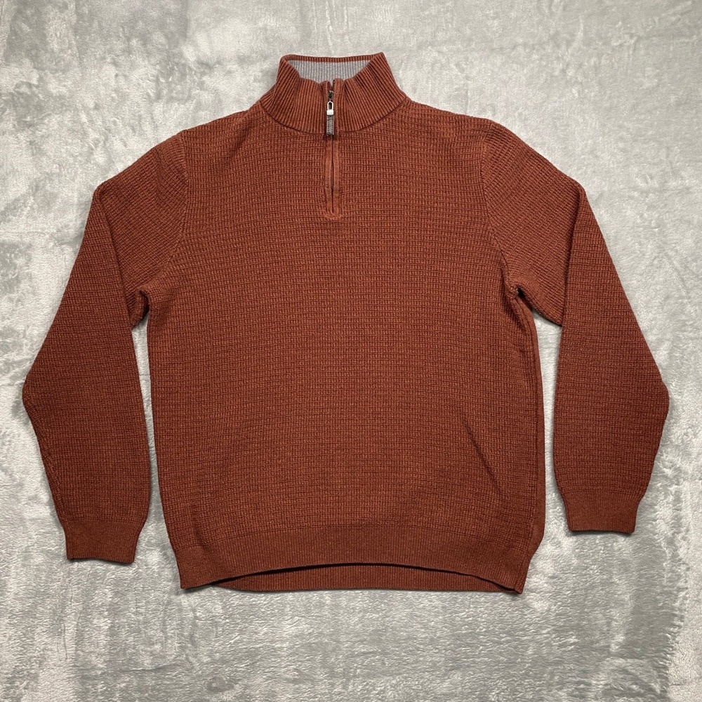 Tasso Elba Quarter Zip Sweater Mens Medium Rust Orange Waffle Knit Cotton Mock
